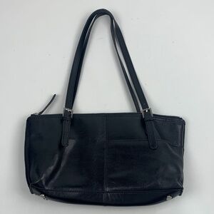 HOBO original Black Leather Tote shoulder Bag Houndstooth Lining Pockets Silver